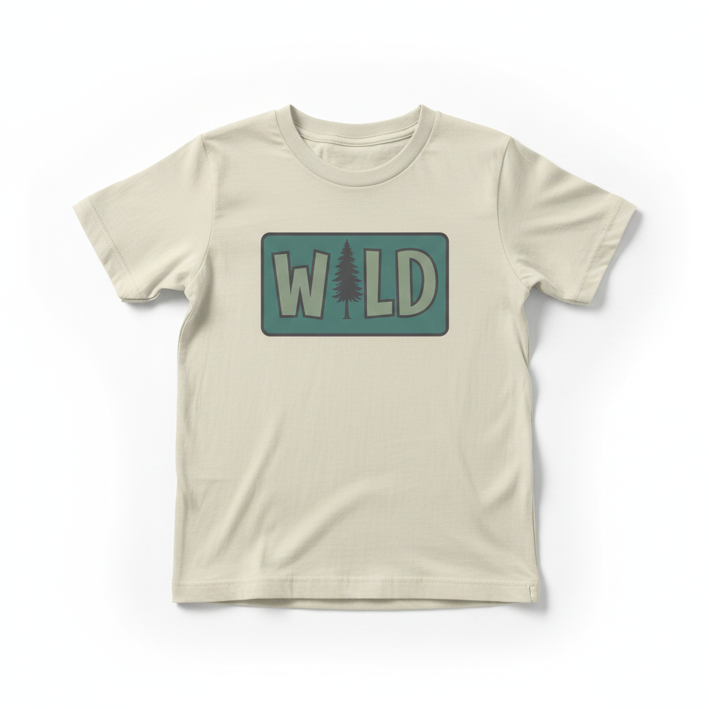 WILD mockup on cream youth t-shirt