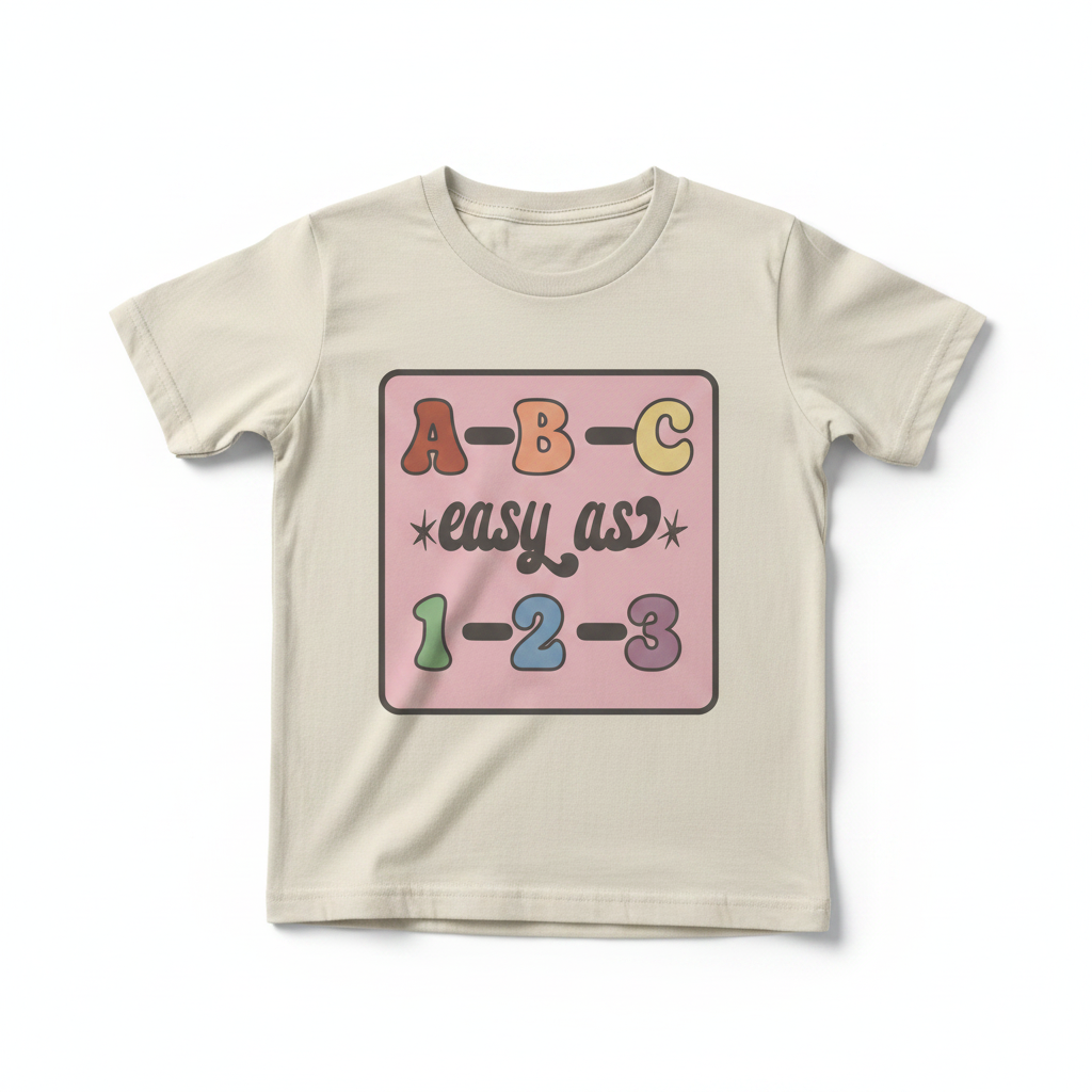 ABC Easy As 1-2-3 mockup on cream youth t-shirt