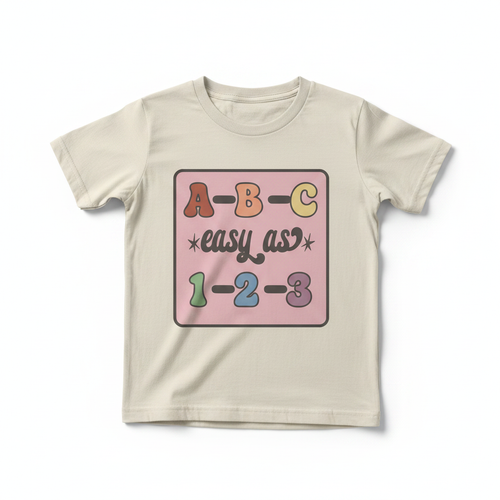 ABC Easy As 1-2-3 mockup on cream youth t-shirt