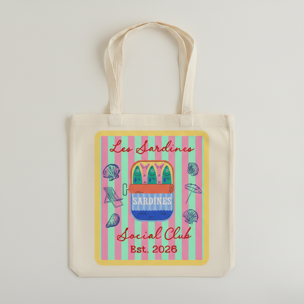 Natural canvas tote bag mockup featuring Les Sardines Social Club clipart design