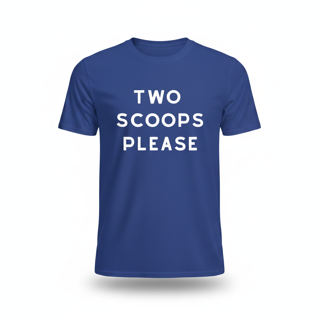 Cobalt blue t-shirt displayed upright with Two Scoops Please text graphic in white on the chest