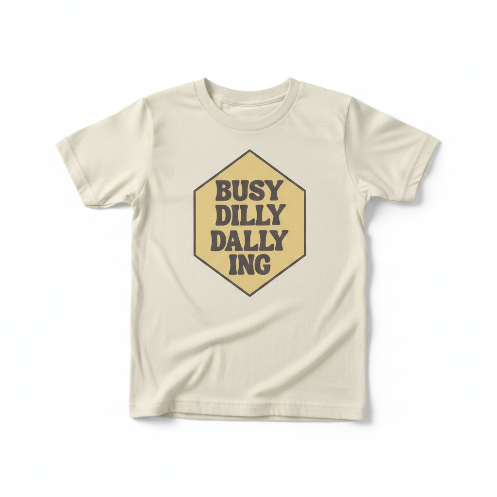 Busy Dilly Dallying mockup on cream youth t-shirt