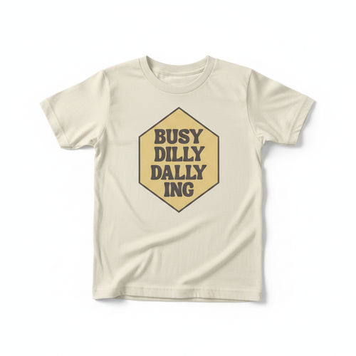 Busy Dilly Dallying mockup on cream youth t-shirt