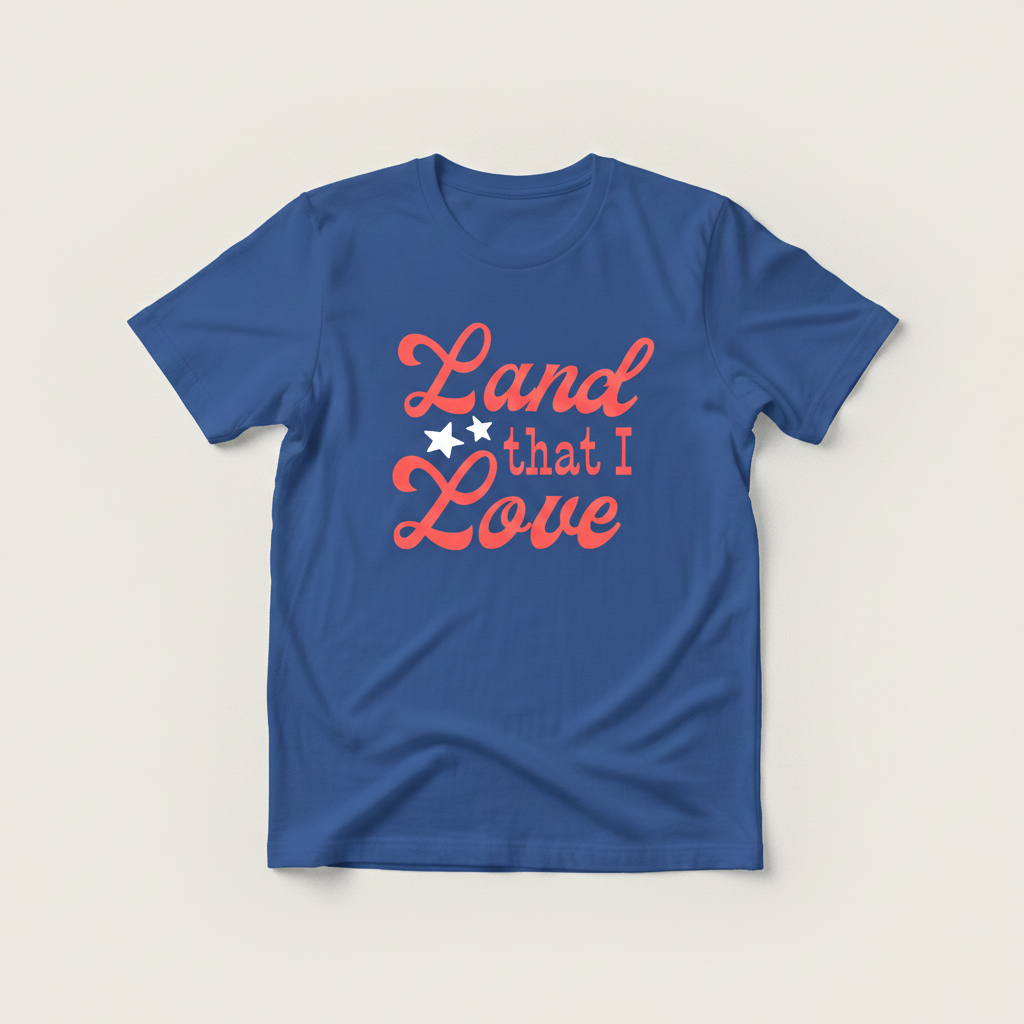 Royal blue t-shirt mockup featuring Land that I Love coral lettering design