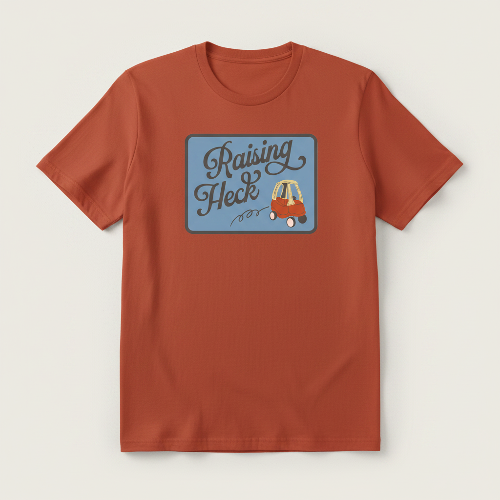 Terracotta t-shirt mockup featuring Raising Heck badge clipart design