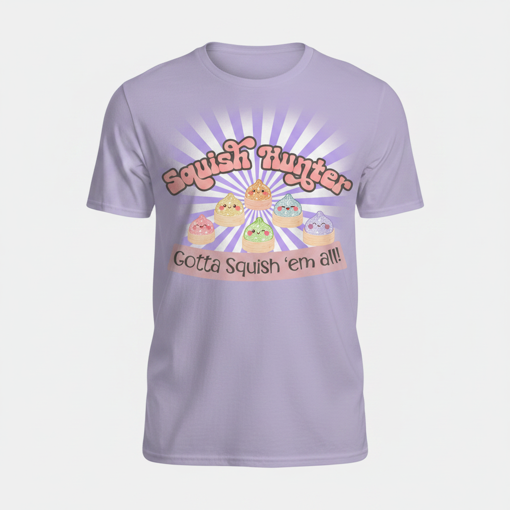 Lilac t-shirt displayed upright with Squish Hunter kawaii dumpling graphic on the chest