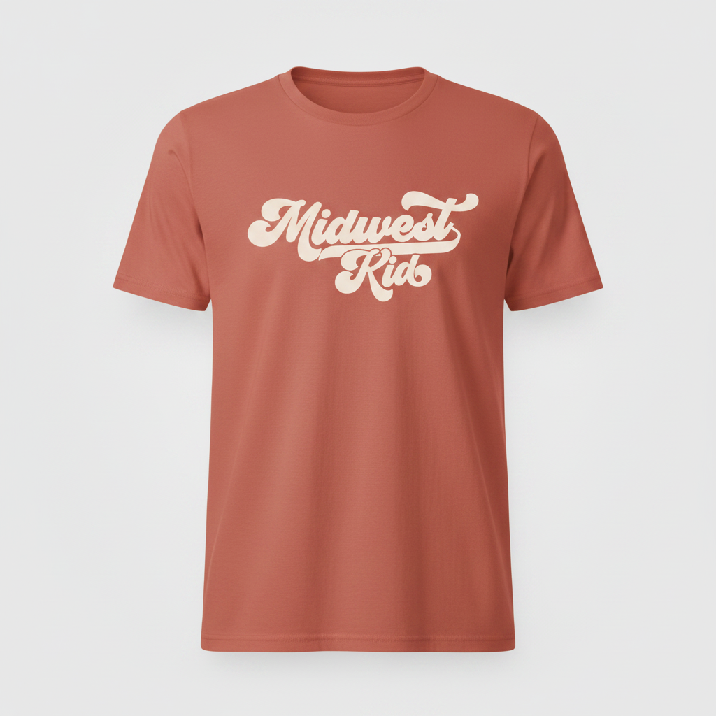 Vintage red t-shirt displayed upright with Midwest Kid retro script graphic in cream on the chest