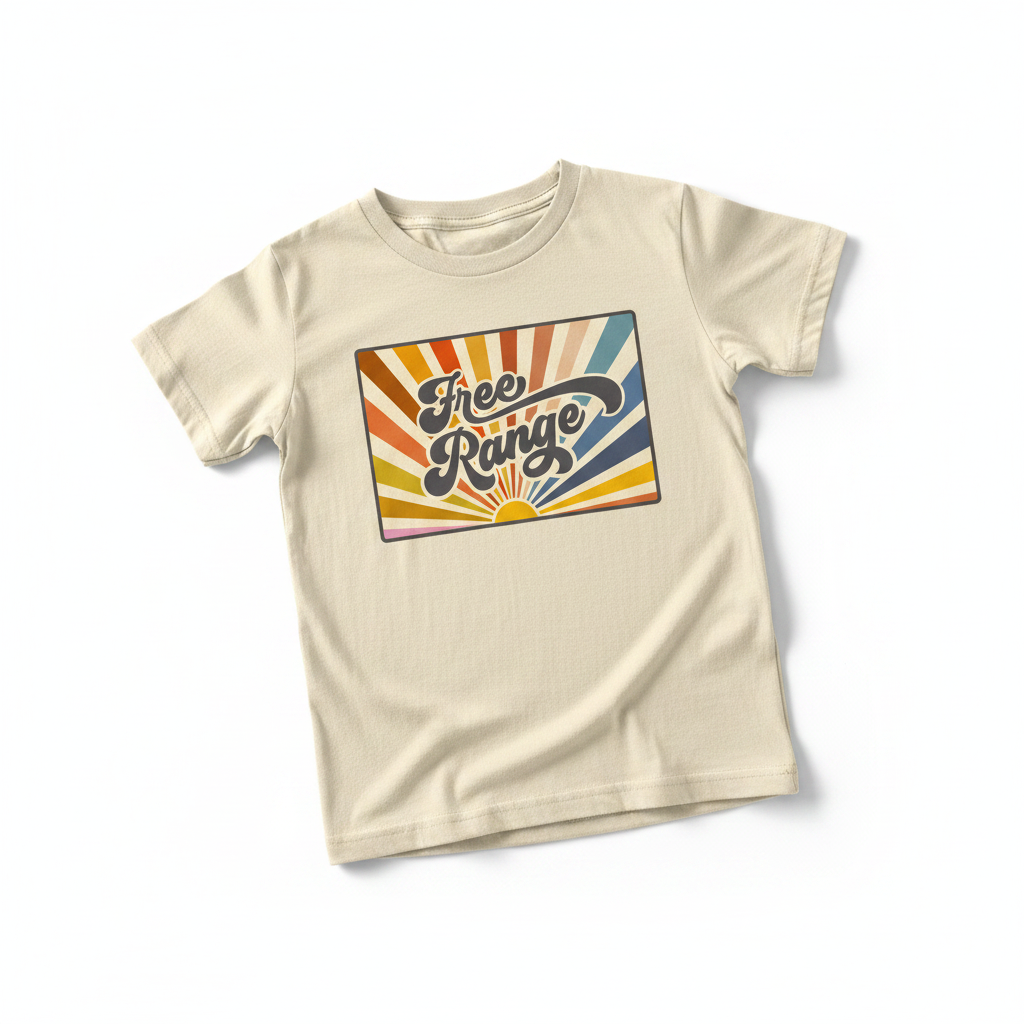 Free Range mockup on cream youth t-shirt