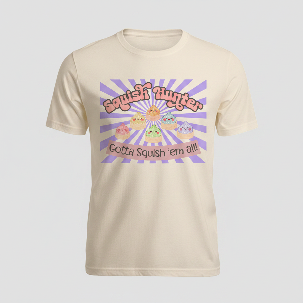 Cream t-shirt displayed upright with Squish Hunter kawaii dumpling graphic on the chest