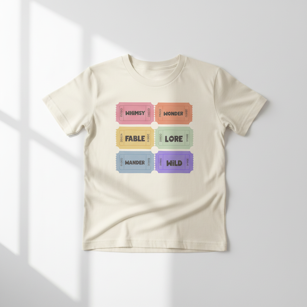 Pink Tickets mockup on cream youth t-shirt