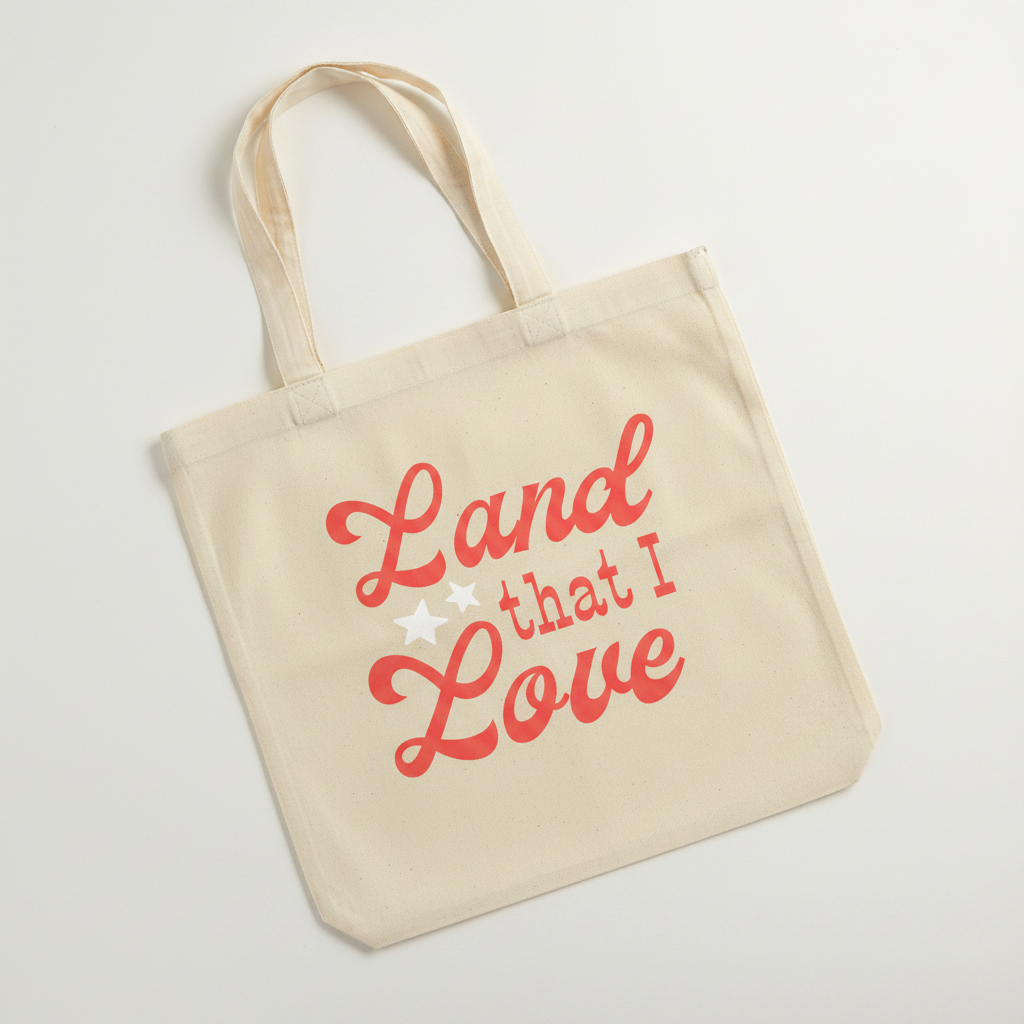 Natural canvas tote bag mockup featuring Land that I Love coral lettering design
