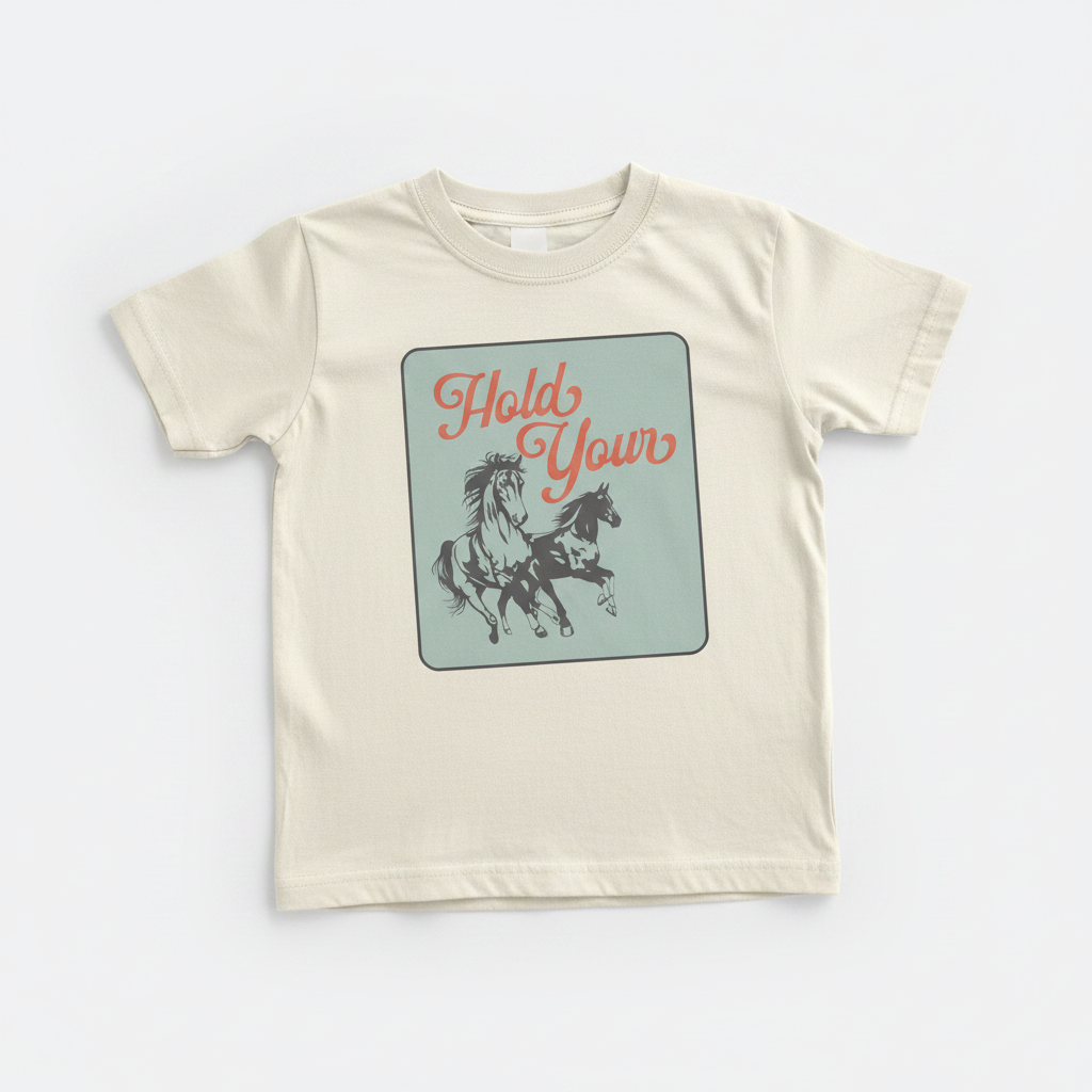 Hold Your Horses mockup on cream youth t-shirt
