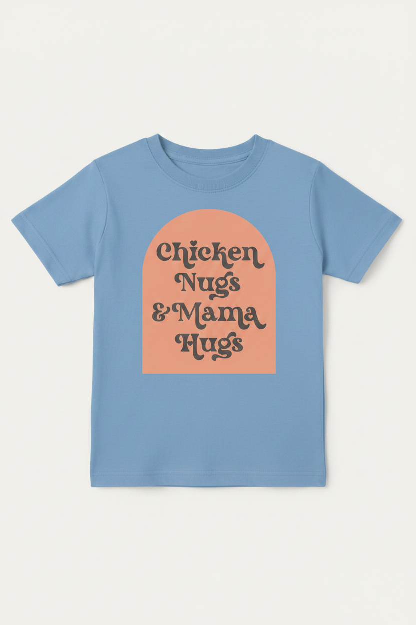 Chicken Nugs & Mama Hugs full color graphic on a powder blue youth t-shirt