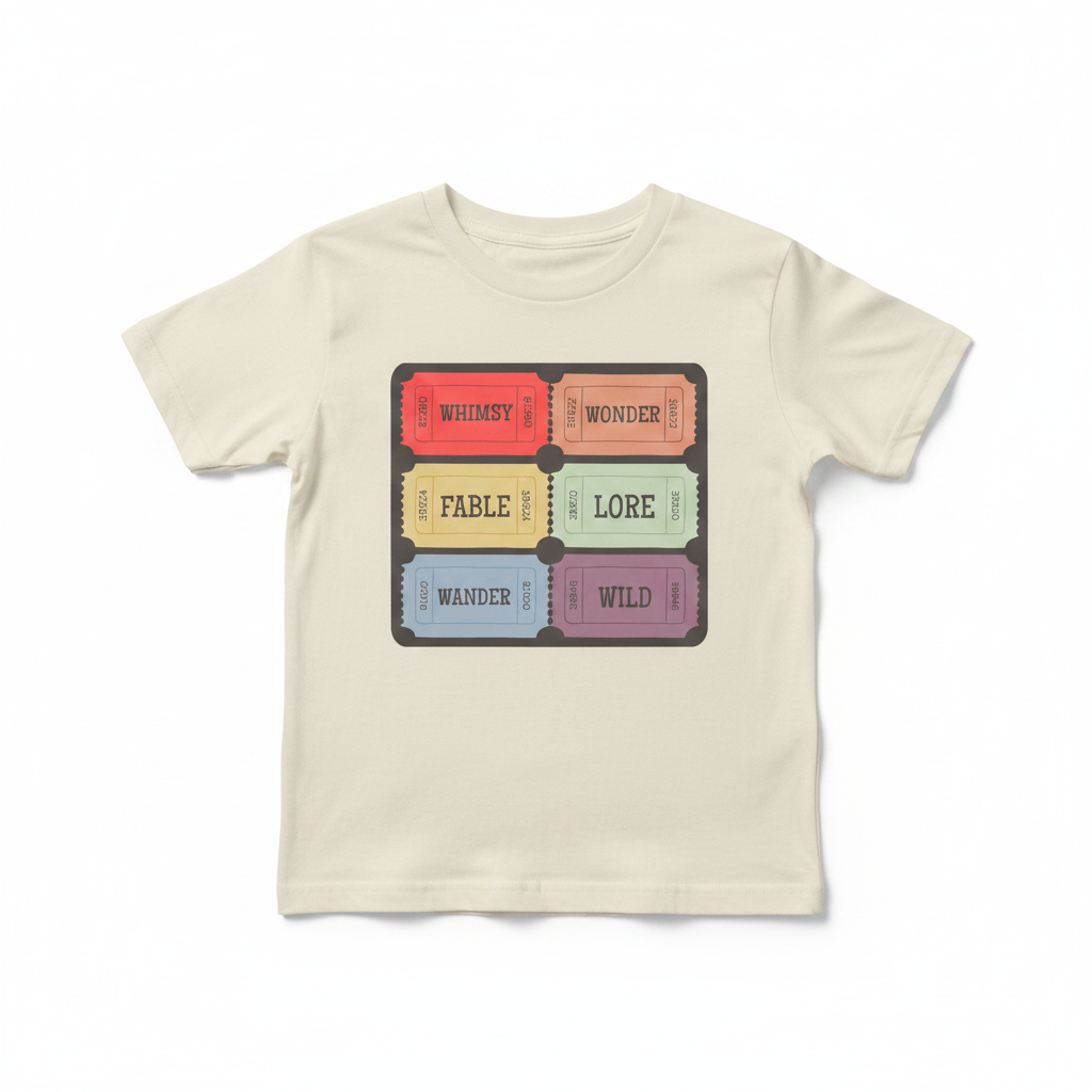 Blue Tickets mockup on cream youth t-shirt