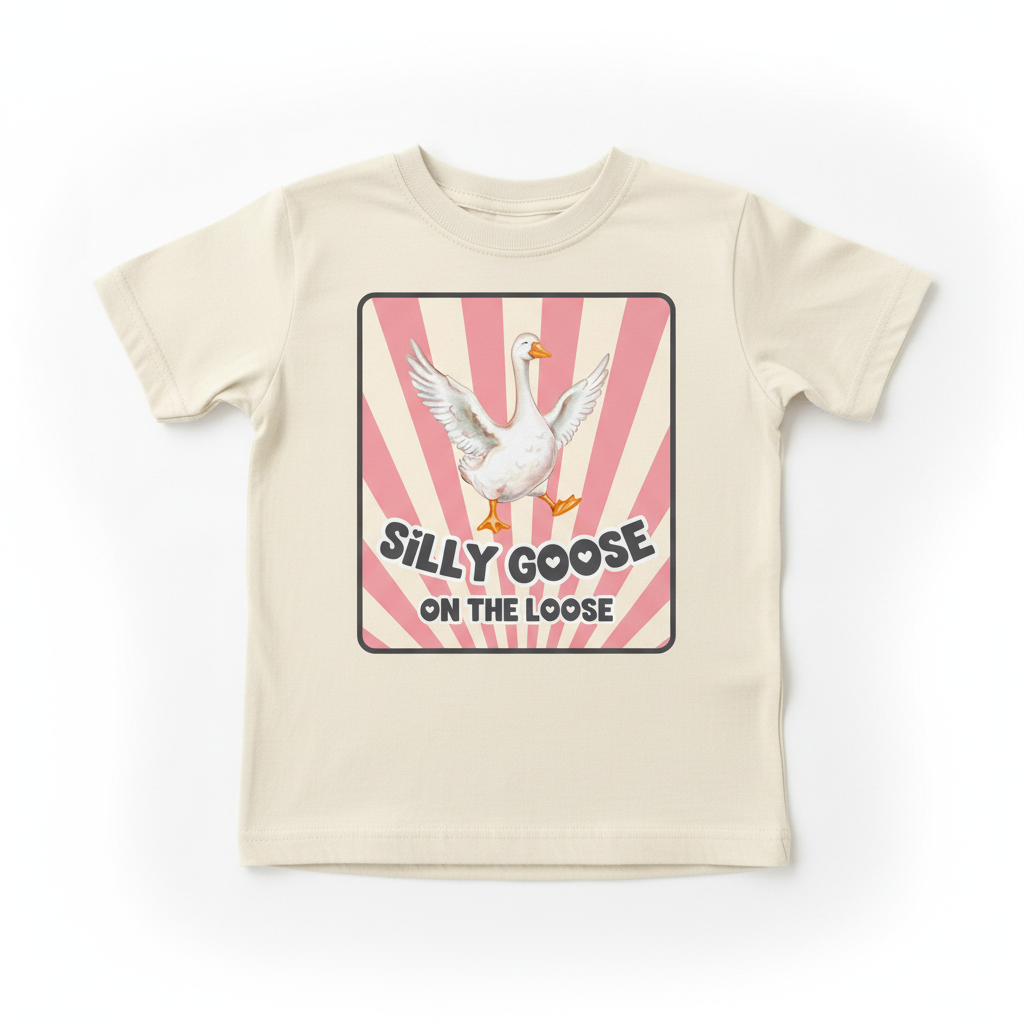 Silly Goose Pink mockup on cream youth t-shirt