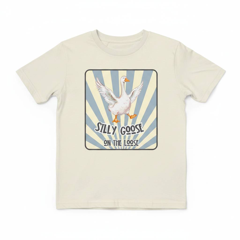 Silly Goose Blue mockup on cream youth t-shirt