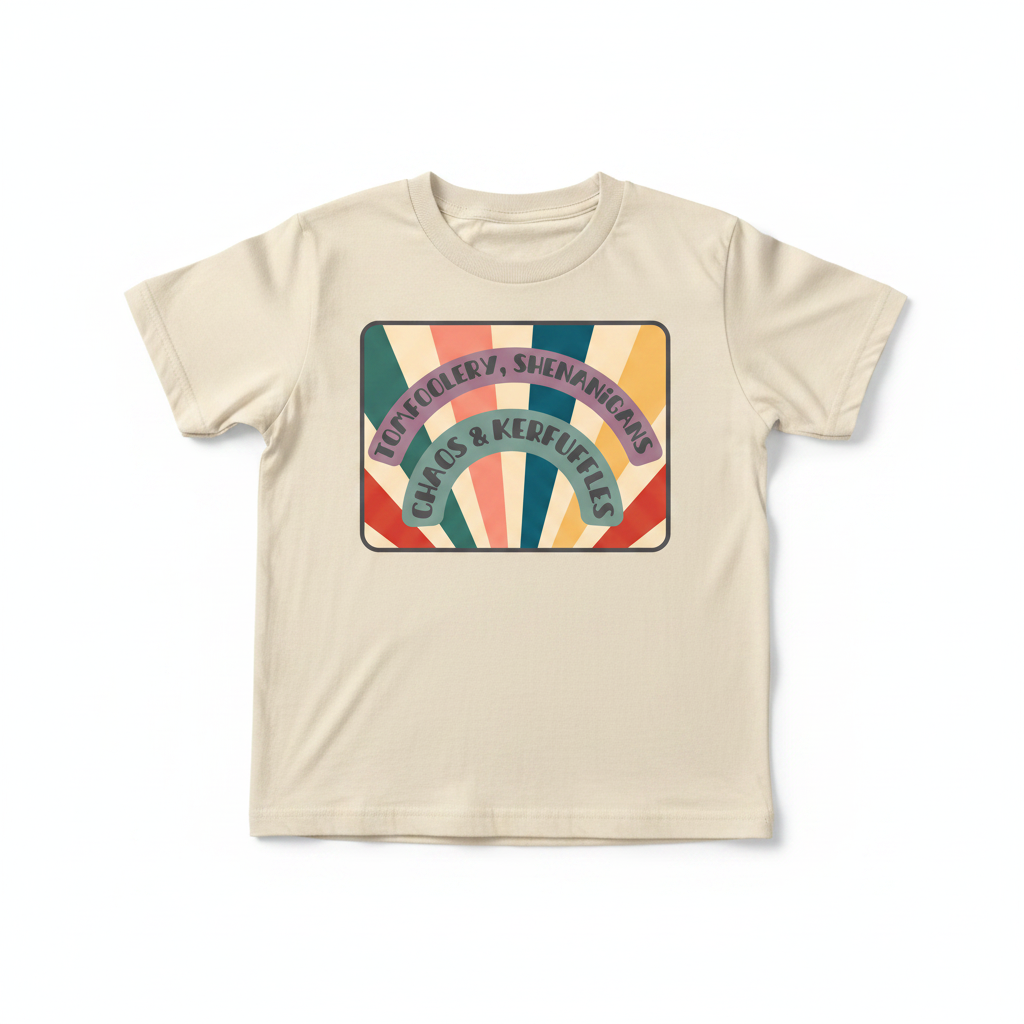 Tomfoolery mockup on cream youth t-shirt