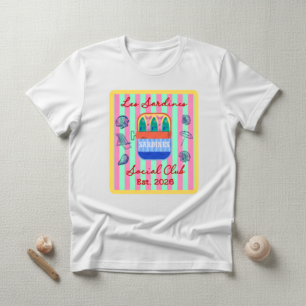 White t-shirt mockup featuring Les Sardines Social Club clipart design