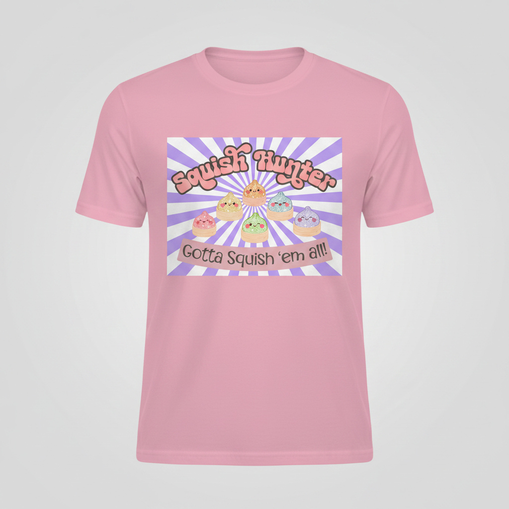 Bubblegum pink t-shirt displayed upright with Squish Hunter kawaii dumpling graphic on the chest